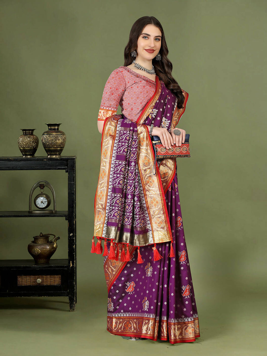 Lorenvalley Fashion Purple Patola Silk Woven Design Zari Meenakari Weaving Saree