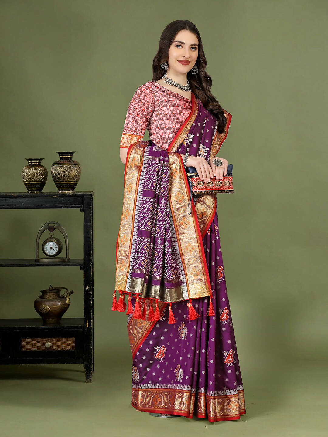 Lorenvalley Fashion Purple Patola Silk Woven Design Zari Meenakari Weaving Saree