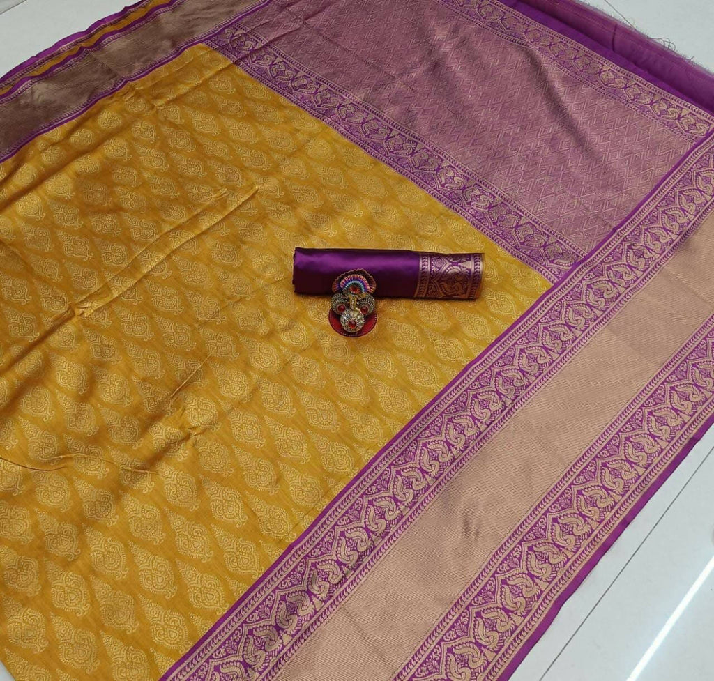 DEIANA'S Beautiful Designer Golden zari Soft Lichi Silk Saree - Yellow