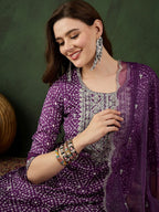 Sangria Bandhani Printed Straight Kurta, Trouser & Dupatta Set