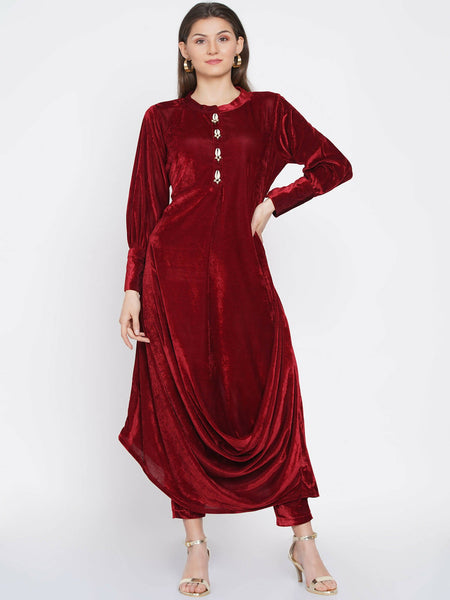 Women Republic Maroon Velvet Cowl Style Kurta With Pants