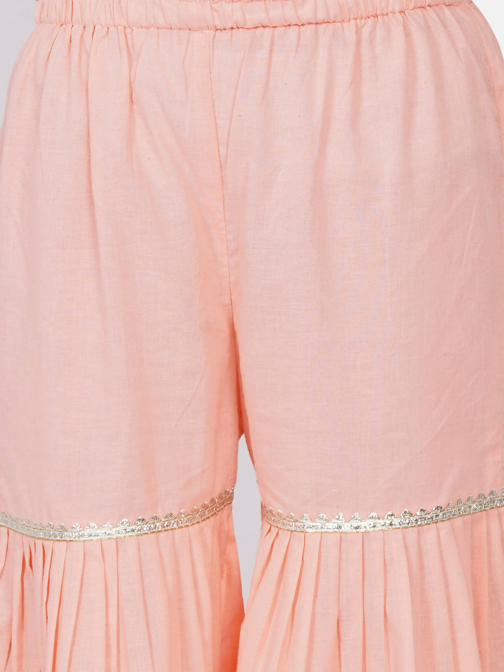 Little Bansi Girls Cotton Gotta Patti Kurta frock with Sharara & Dupatta - Peach