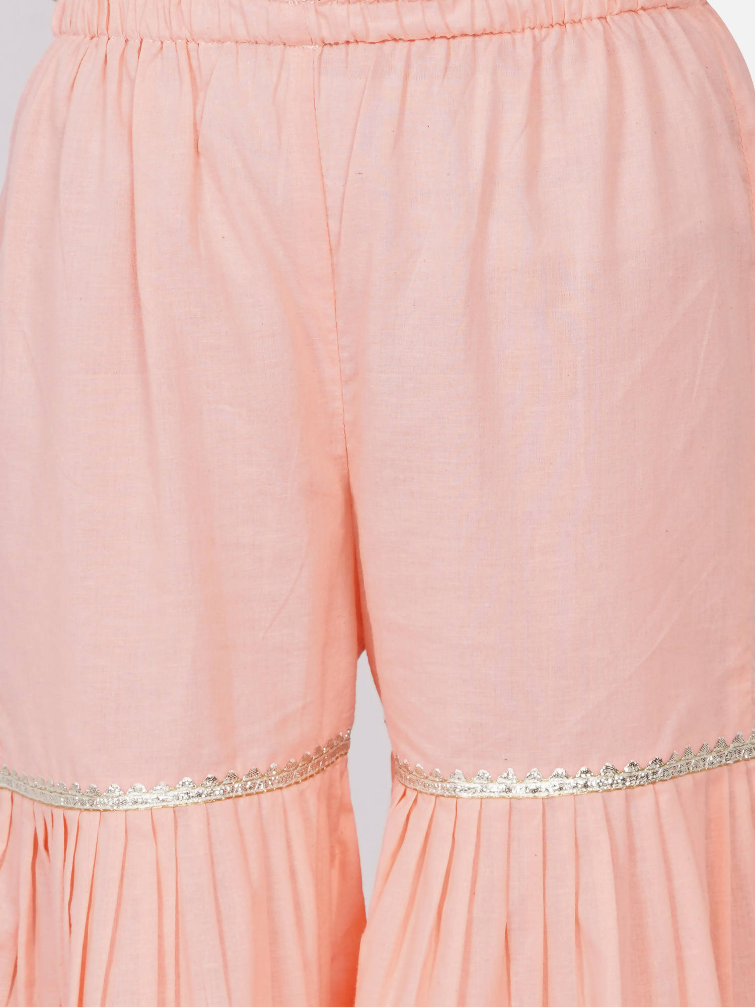 Little Bansi Girls Cotton Gotta Patti Kurta frock with Sharara & Dupatta - Peach