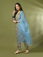 Myshka Women's Multi Printed Cotton Straight Party Kurta Set With Dupatta