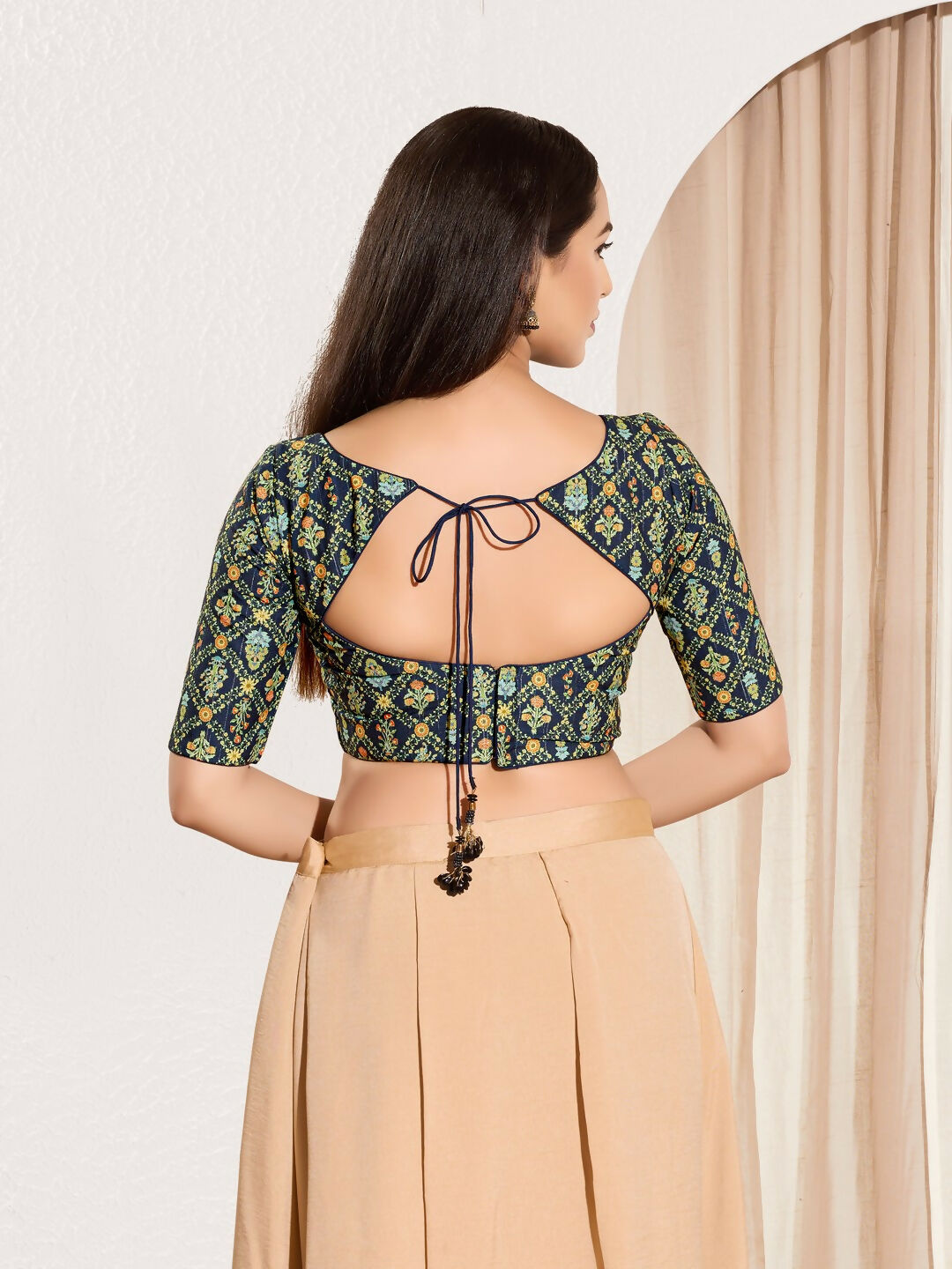Joban Fashion Navy Blue Viscose Rayon Padded Blouse With Sweetheart Neck Elbow Sleeves - Distacart