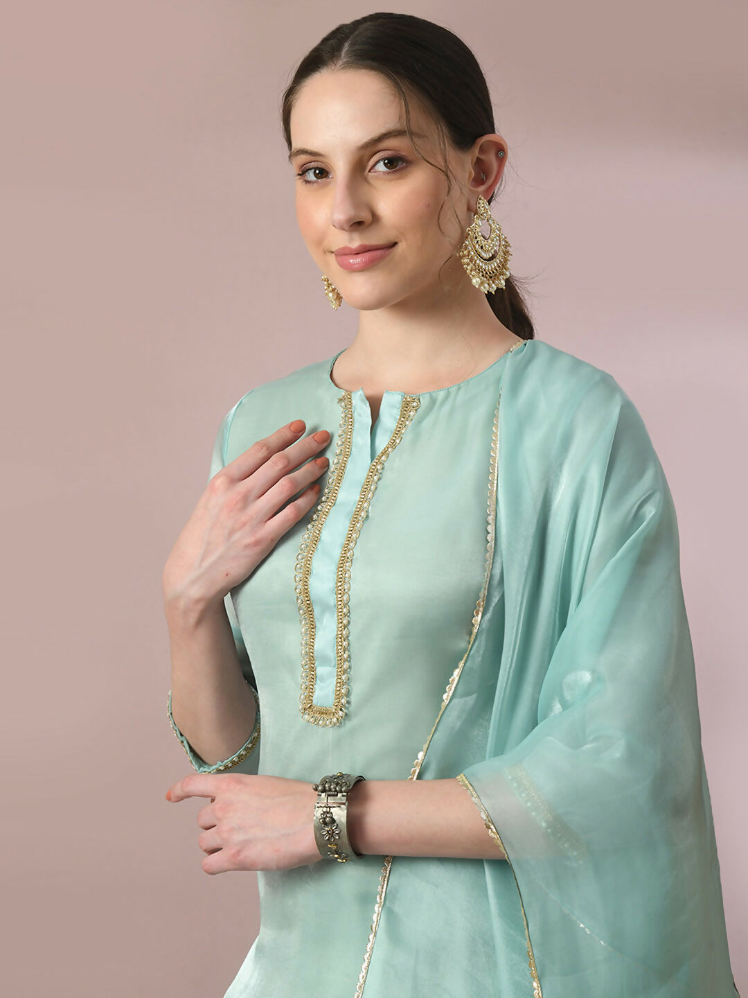 Myshka Women's Sea Green Solid Straight Party Kurta Set With Dupatta