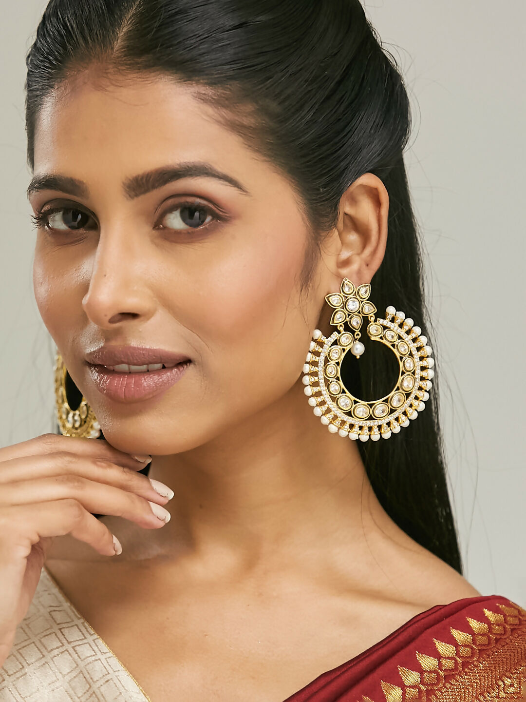 Nuyug 22K Gold-Plated Kundan Studded & Pearl Beaded Floral Chandbali Earrings - Distacart