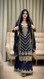 Teeya Creation Blue Color Chinon Silk Party Wear Trending Palazzo Set - Distacart