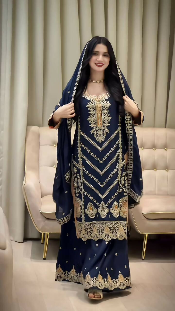 Teeya Creation Blue Color Chinon Silk Party Wear Trending Palazzo Set - Distacart