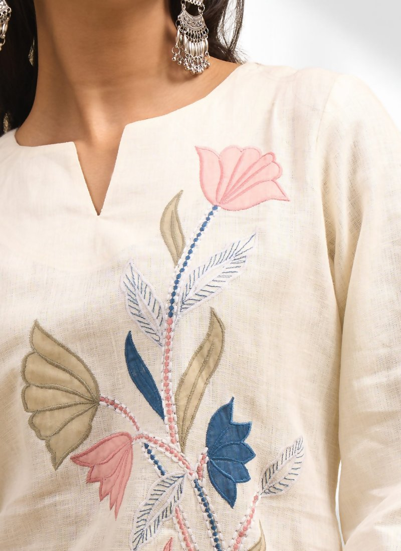 Joban Fashion Cream Linen Embroidered Readymade Cord Set - Distacart