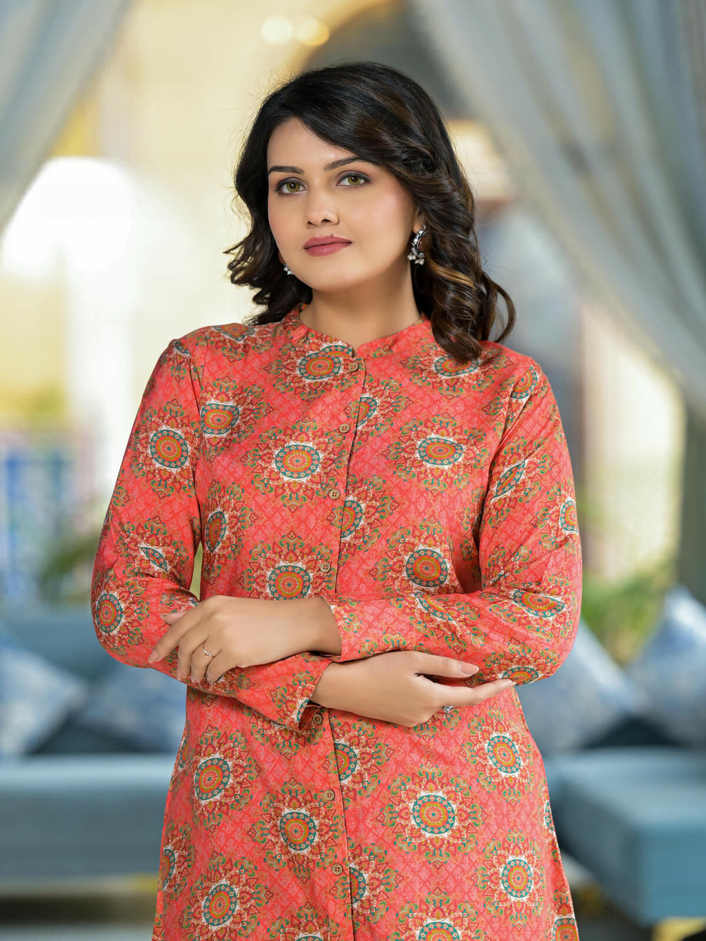 Juniper Women's Orange Ethnic Motif Printed Viscose Tunic With Buttons Detailing