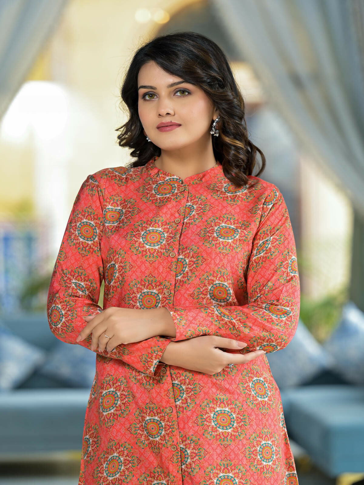 Juniper Women's Orange Ethnic Motif Printed Viscose Tunic With Buttons Detailing
