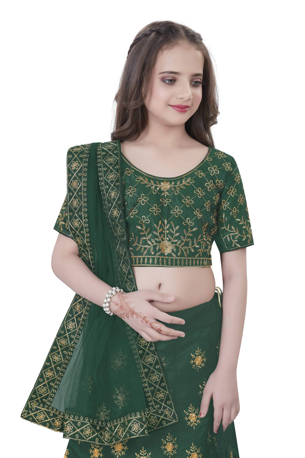 Dwiden Green Lehriyu Tafetta Sattin Semi-Stitched Girl's Lehenga Choli