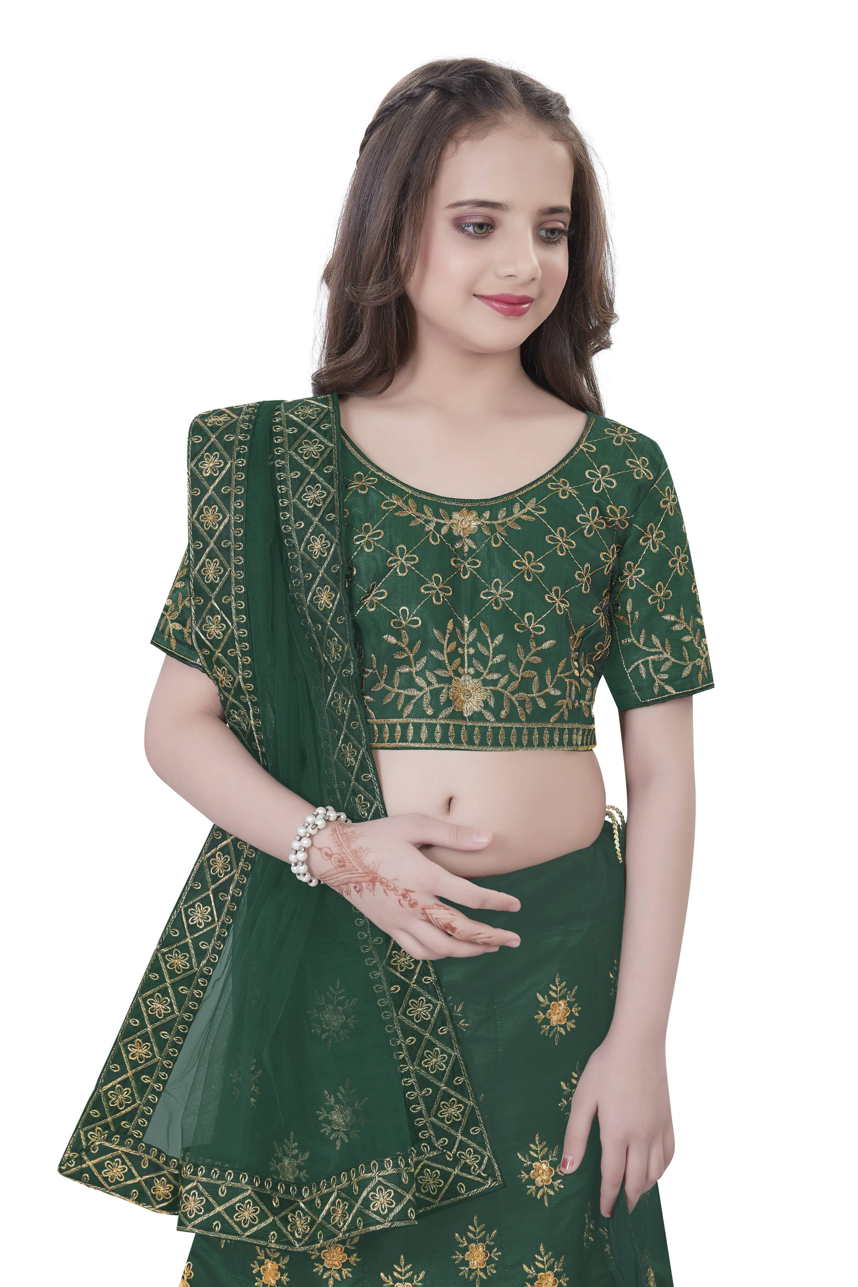 Dwiden Green Lehriyu Tafetta Sattin Semi-Stitched Girl's Lehenga Choli
