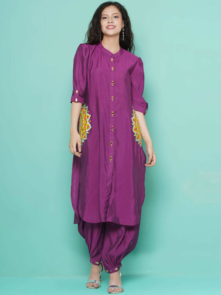 Women Republic Purple Art Silk Embroidered Kurta with Afghani Salwar
