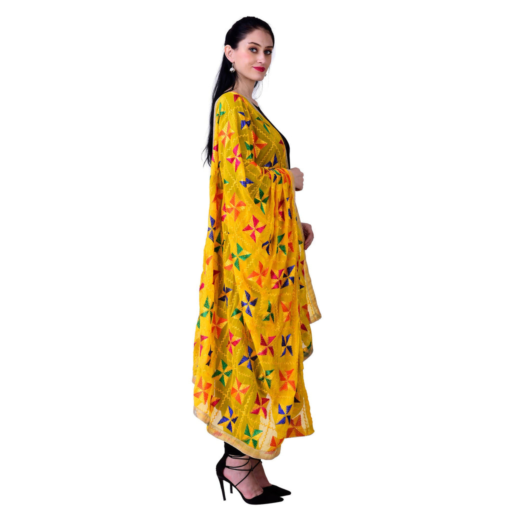 SWI Stylish Women's Embroidered Phulkari Chiffon Yellow Dupatta