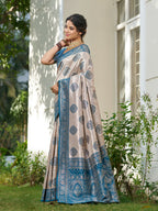 Shree Shyam Fashion Cream With Blue Silk Blend Saree - Distacart