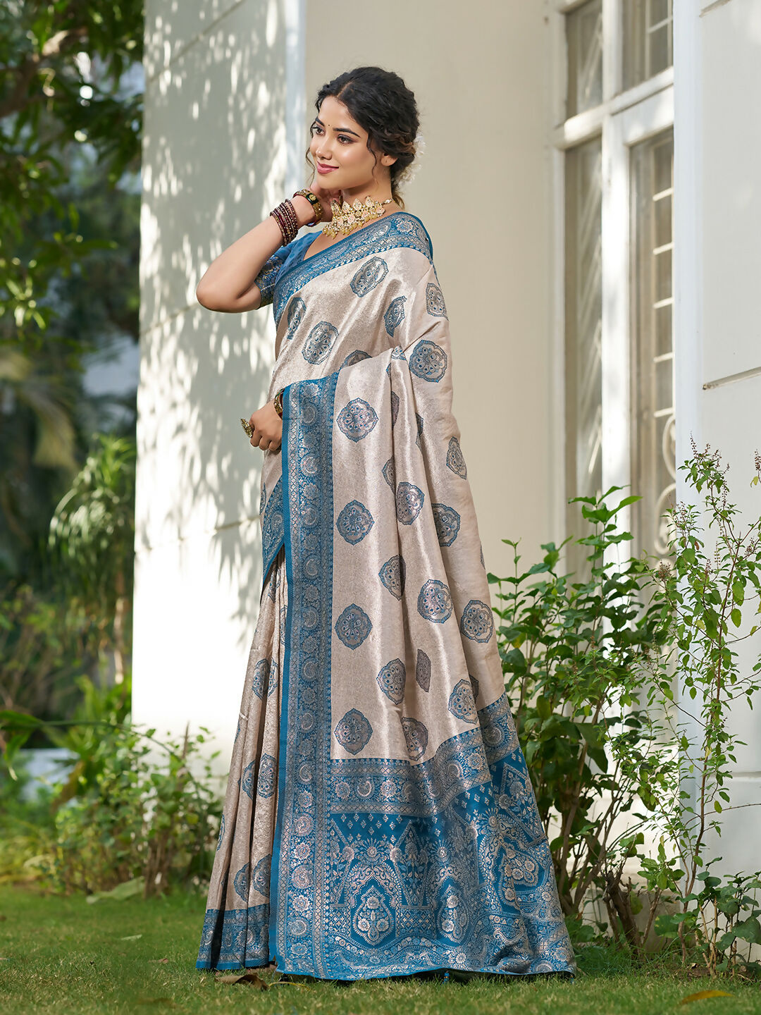 Shree Shyam Fashion Cream With Blue Silk Blend Saree - Distacart