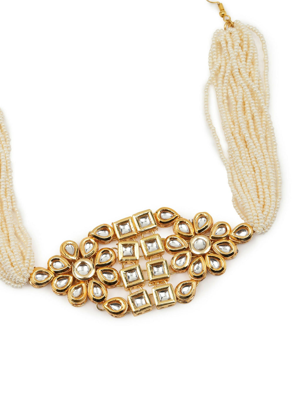 Gold-Plated White Kundan-Studded Pearl Beaded Hair Band - Ruby Raang - Distacart