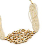 Gold-Plated White Kundan-Studded Pearl Beaded Hair Band - Ruby Raang - Distacart