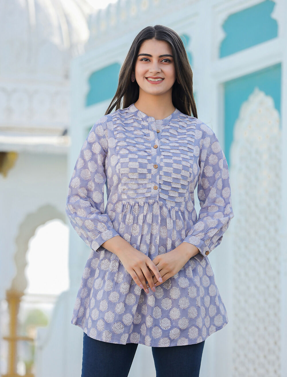 Kaajh Women's Grey Hand Block Printed Cotton Top