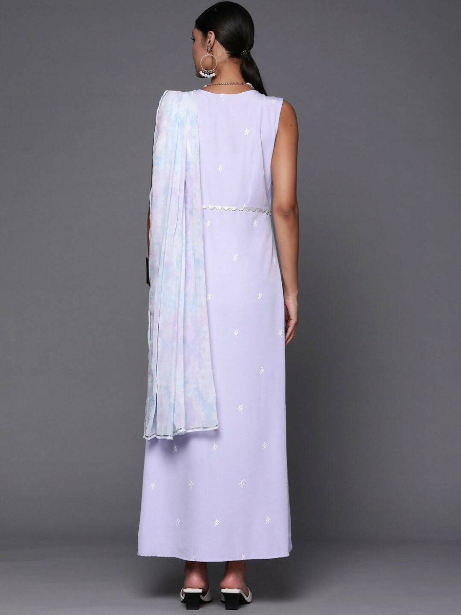 Ahalyaa Blue & White Floral Print Ethnic Maxi Dress with Attached Dupatta - Distacart