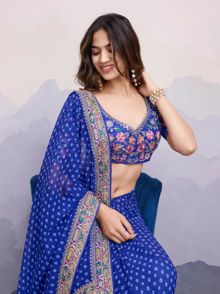 Blue Georgette Bandhani Printed,Embroidery Work Saree - Surkhi