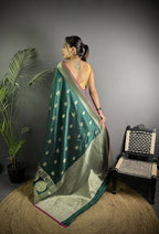 Joban Fashion Dark Green Banarasi Soft Lichi Silk Paisley Saree - Distacart