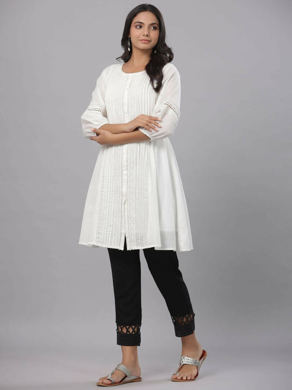 Juniper Women's White Cotton Silk Solid A-Line Kurta - Distacart