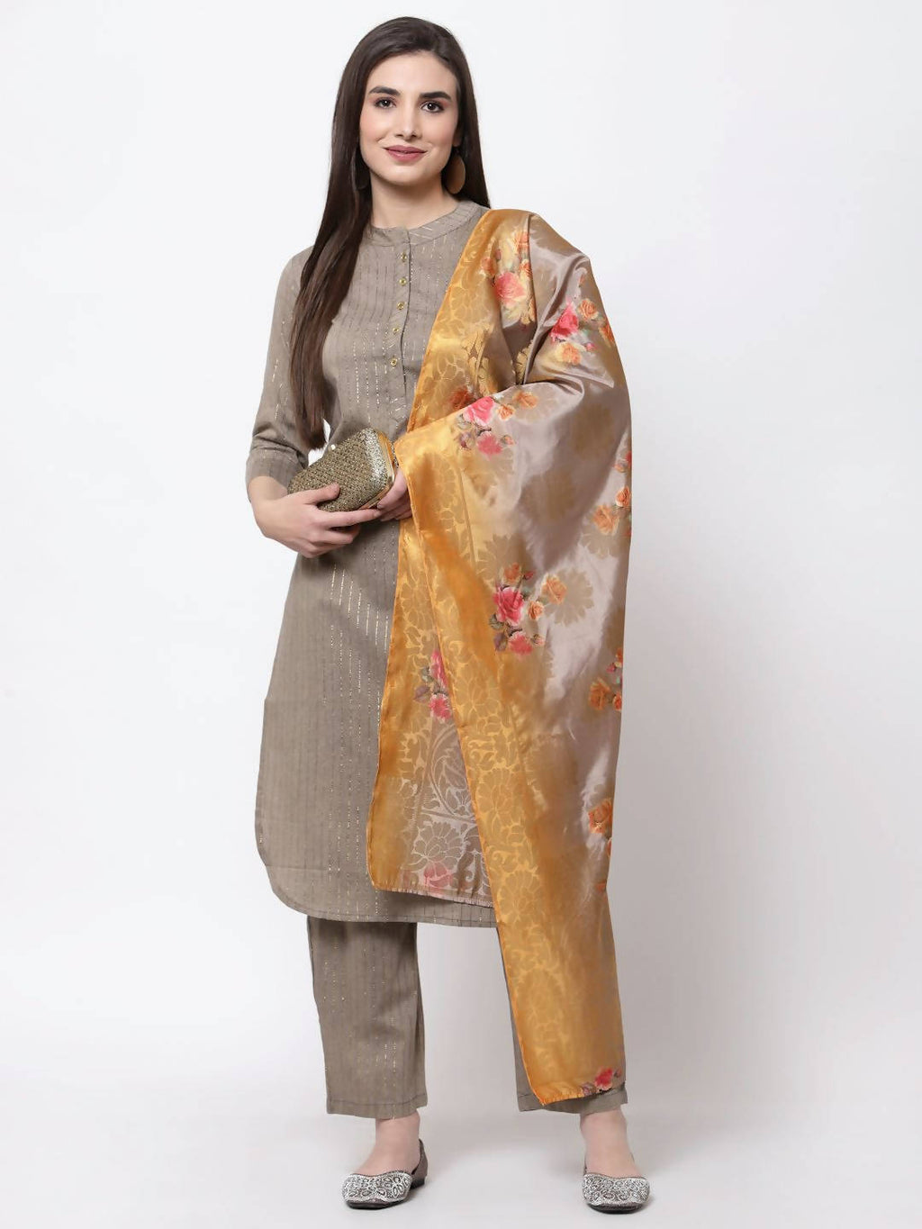 Myshka Women's Khaki Cotton Solid 3/4 Sleeve Mandarin Neck Casual Kurta Pant Dupatta Set