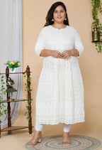 Miravan Women's Plus Size Beige Chikankari Thread Work Anarkali Kurta With Dupatta