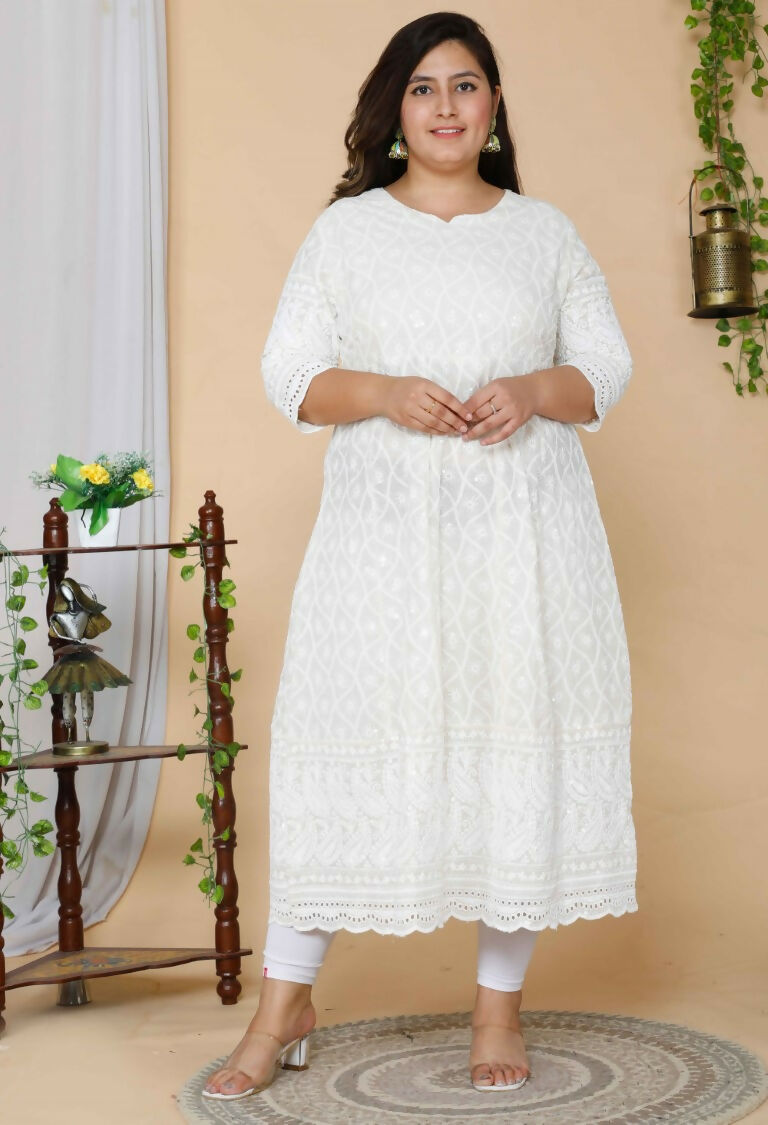 Miravan Women's Plus Size Beige Chikankari Thread Work Anarkali Kurta With Dupatta