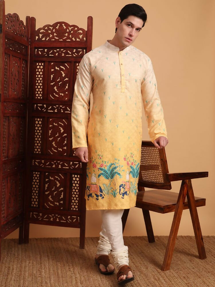 Yellow Cotton Printed Chikankari Embroidery Work Kurta - Mahotsav