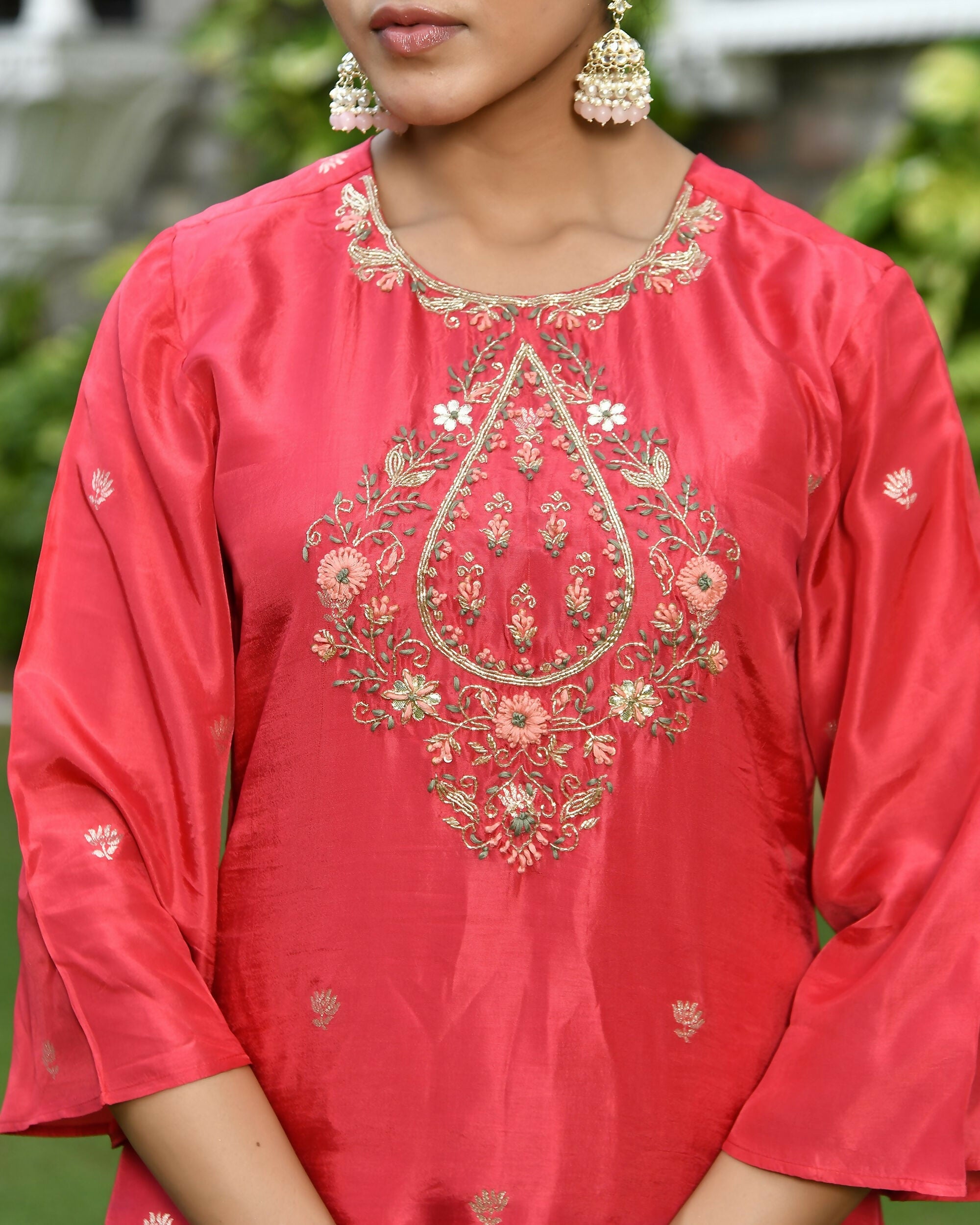 Vaasva Women's Silk Red Emboidered Solid Kurta, Sharara & Dupatta Set