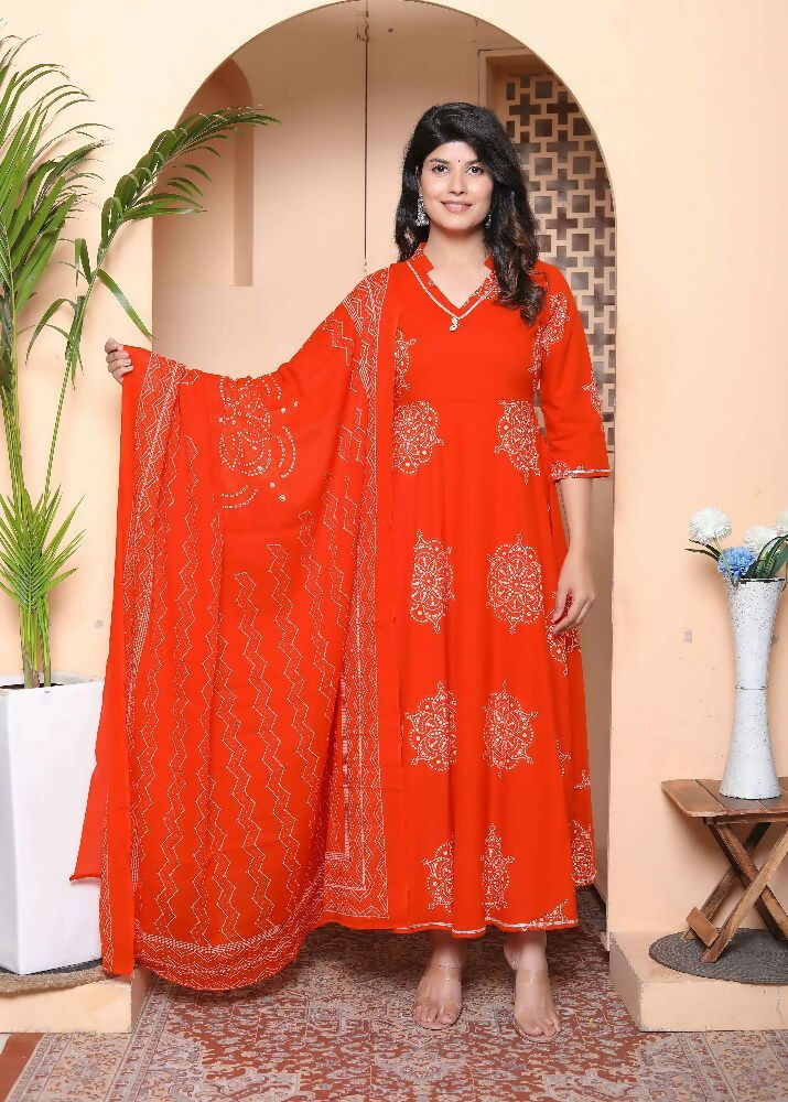 Miravan Women'S Orange Floral Cotton Printed Anarkali Kurta With Dupatta - Distacart