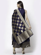 Myshka Women Blue Silk Blend Sleeveless Round Neck Gown With Dupatta