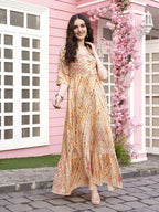 Peach Rayon Foil Printed Long Dress - Michan - Distacart