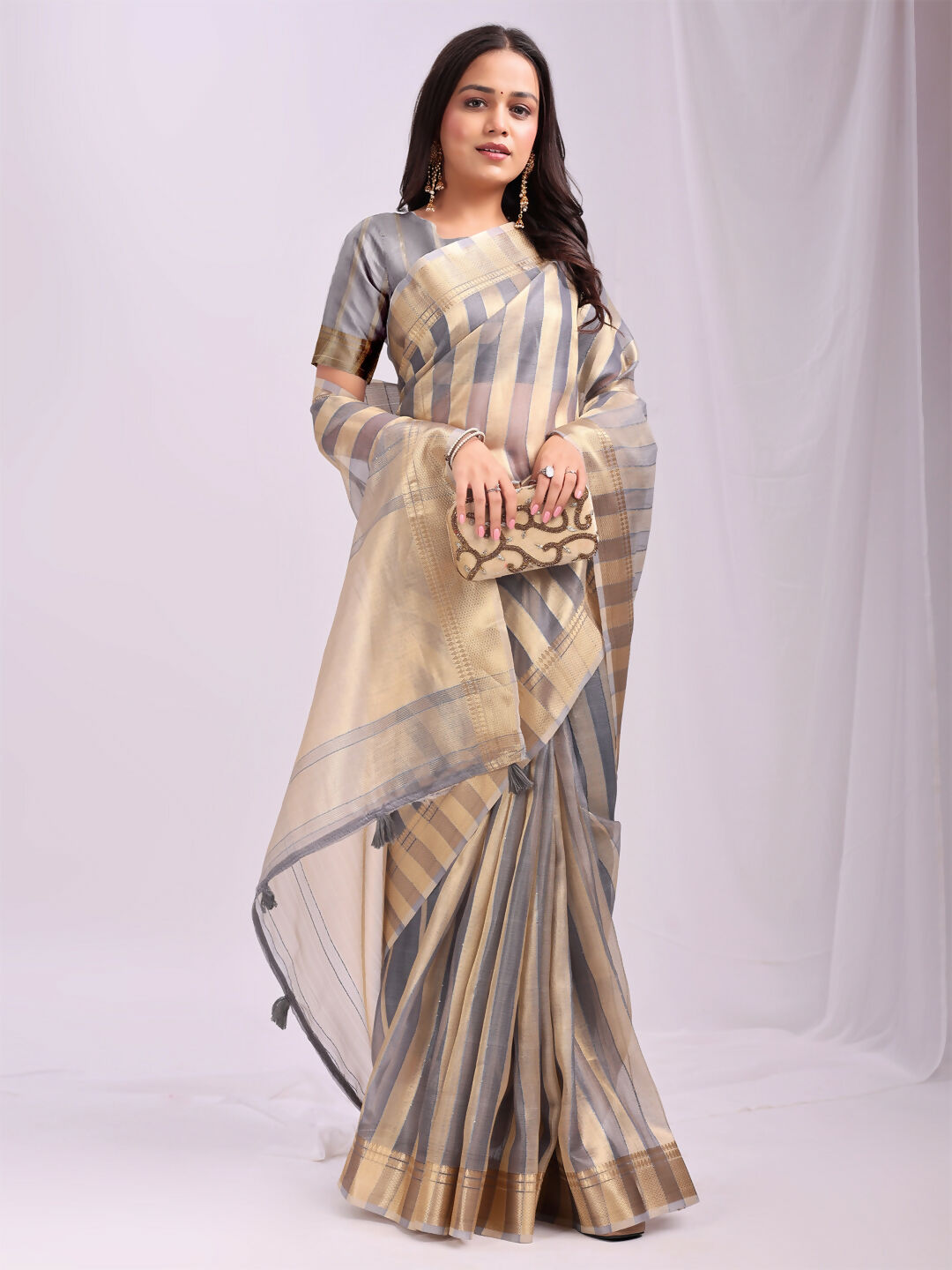 Shree Shyam Fashion Organza Grey Saree - Distacart