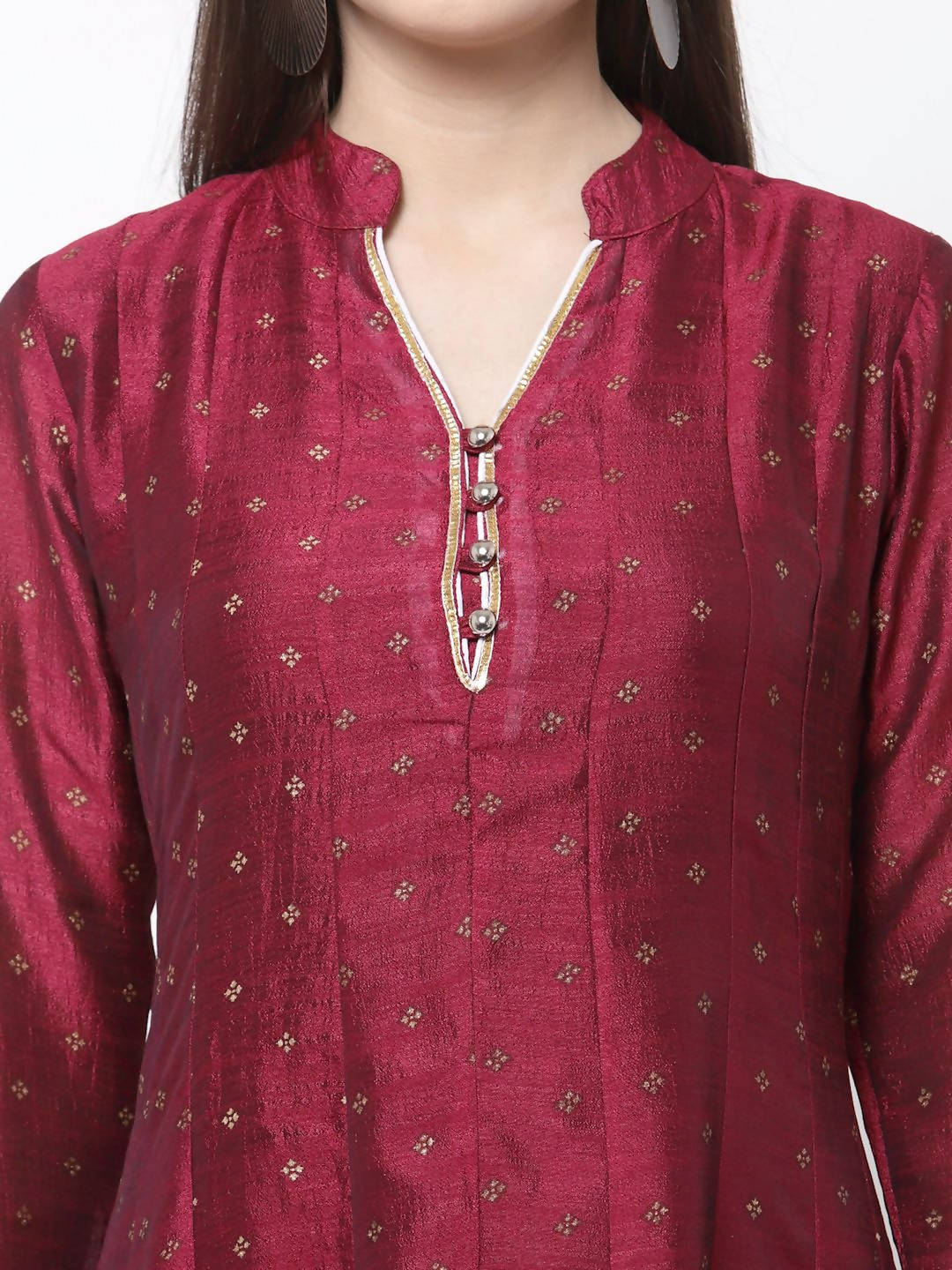 Myshka Women's Wine Georgette Printed 3/4 Sleeve Mandarin Neck Casual Anarkali Kurta Dupatta Set