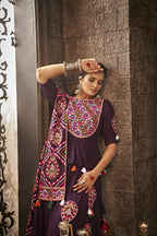 Purple Viscose Rayon Thread Embroidered Navratri Lehenga Choli with Dupatta - Raas