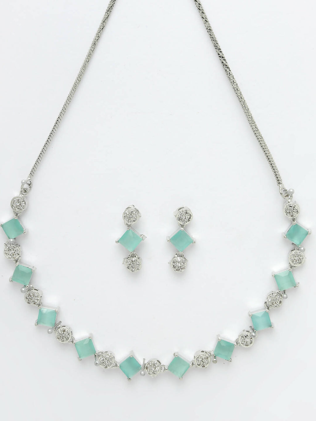 NVR Women Silver Plated & Blue Cz Stone Handcrafted Jewellery Set