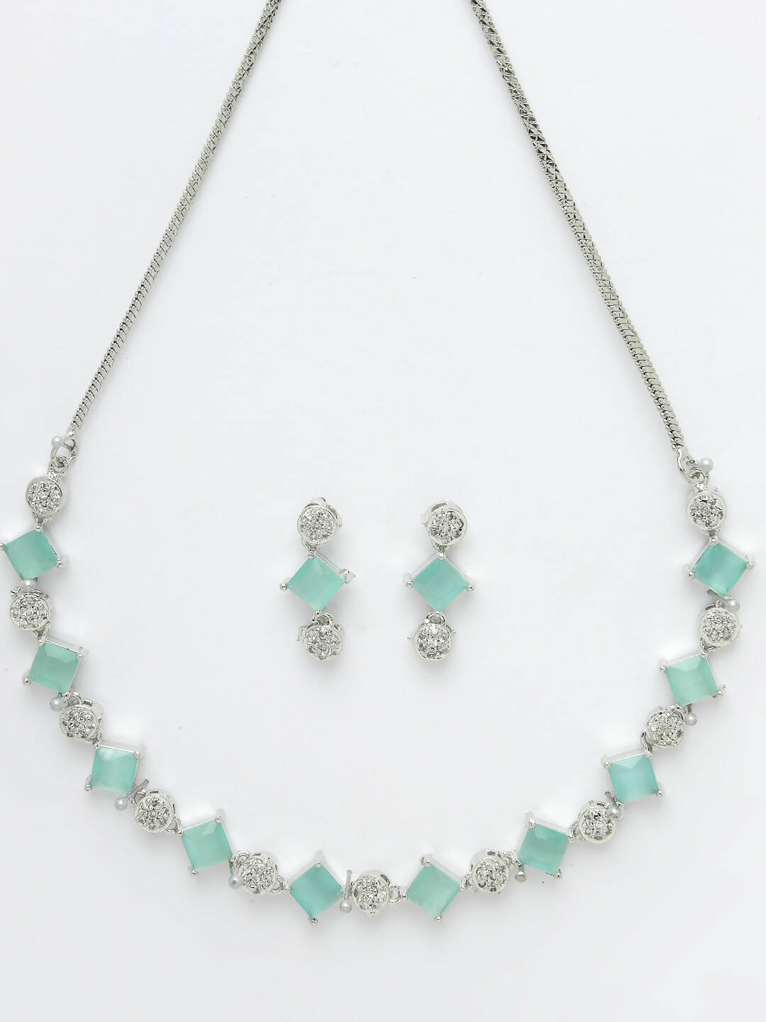 NVR Women Silver Plated & Blue Cz Stone Handcrafted Jewellery Set