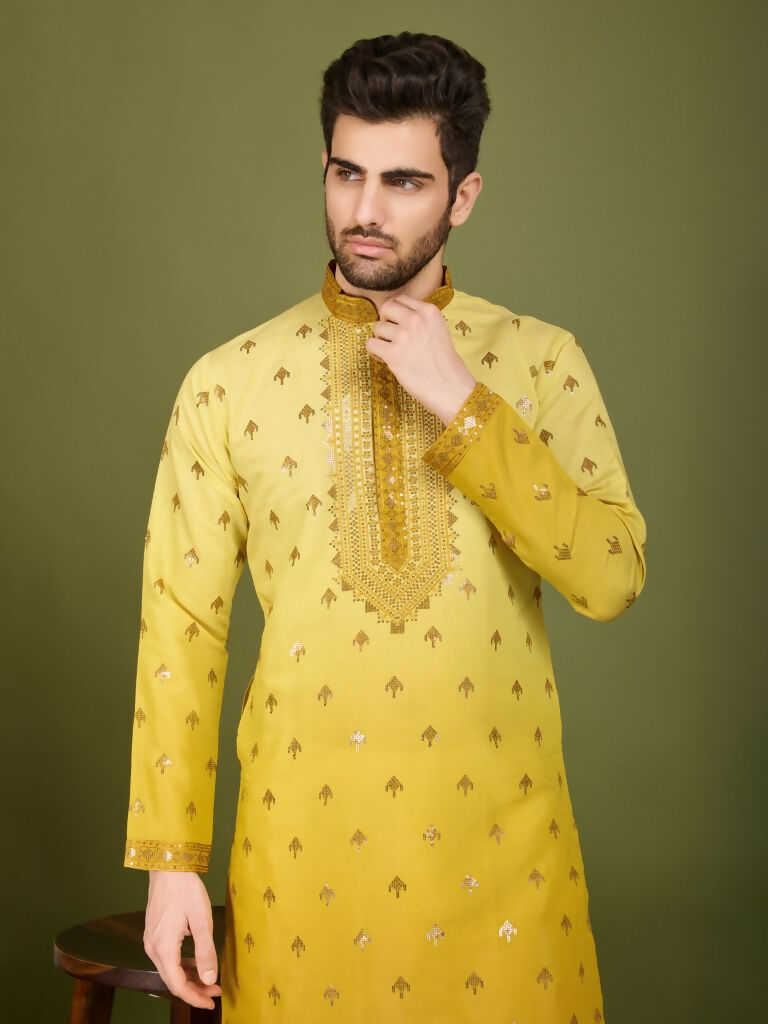 Vastranavya Ombre Yellow Premium Viscose Silk Thread & Sequence Embroidery work Kurta