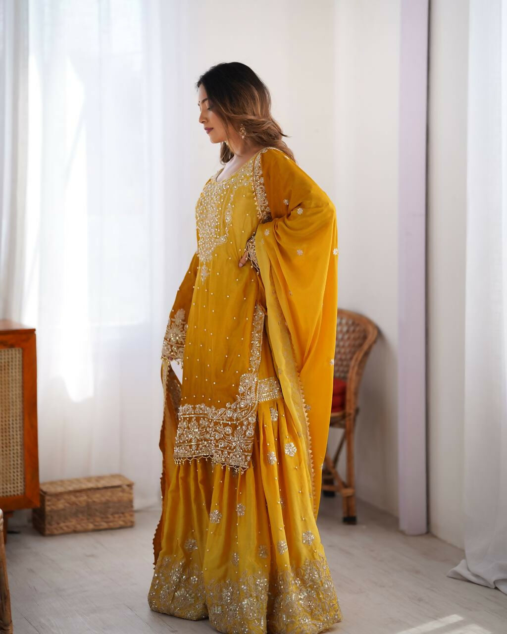 The52 Women's Beautiful Chinon silk Fabric Embroidery Work Straight Kurta Palazzo and Dupatta Set - Distacart