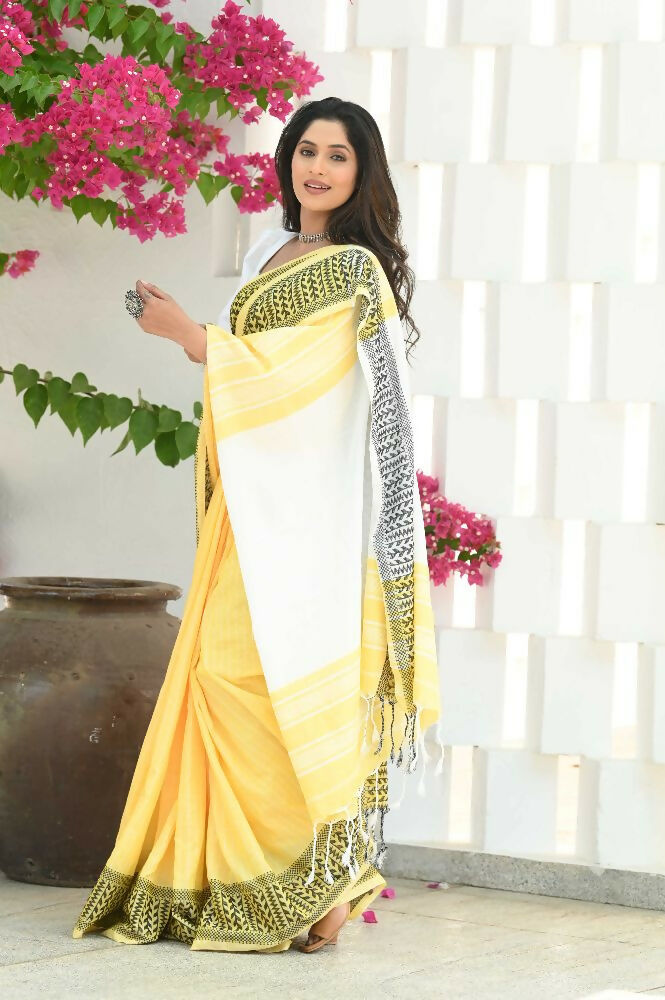Beatitude Yellow Cotton Jacqaurd Border Tangail Handloom Saree