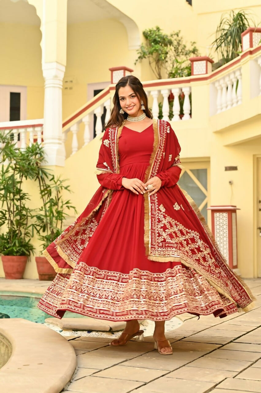 Teeya Creation Red Color Faux Georgette Wedding Wear Embroidery Work Long Gown - Distacart