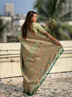 Pista Pashmina Silk Wevon Kashmiri Meenakari Designer Saree with Unstitched Blouse - Vandini
