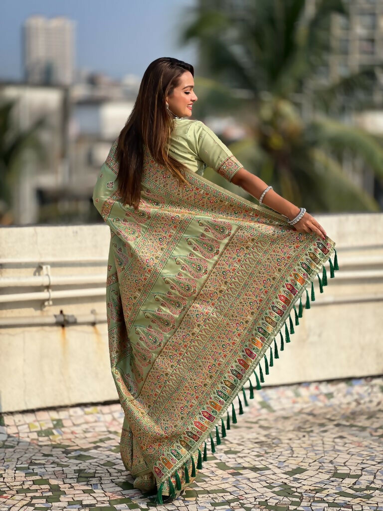 Pista Pashmina Silk Wevon Kashmiri Meenakari Designer Saree with Unstitched Blouse - Vandini