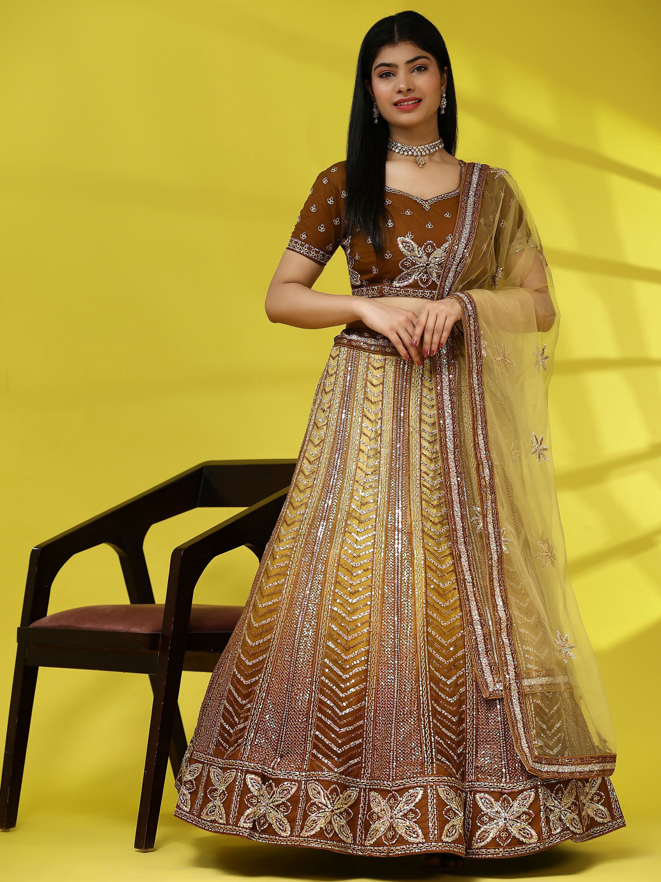 Brown Fancy Net Sequence Embroidered Lehenga Choli with Dupatta - Dhara