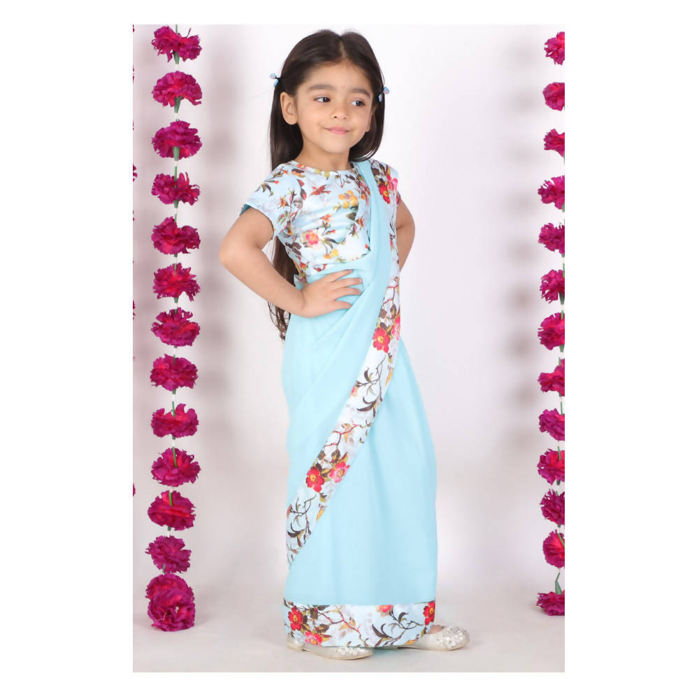 Little Bansi Girls 90's Era Saree with Silk Floral Blouse - Sky Blue